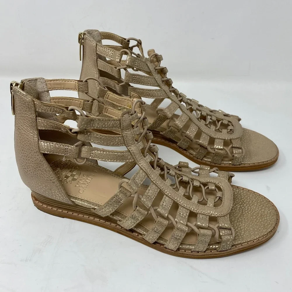 Vince Camuto Women 8W Richetta Gladiator Wedge Sandals Gold Leather Strappy Cage